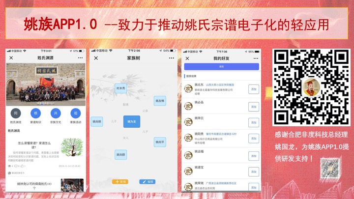 下午,峰会正式发布了姚族APP1.0 --致力于推动姚氏宗谱电子化的轻应用。真诚感谢安徽国龙宗亲为姚族APP开发所做出的奉献!